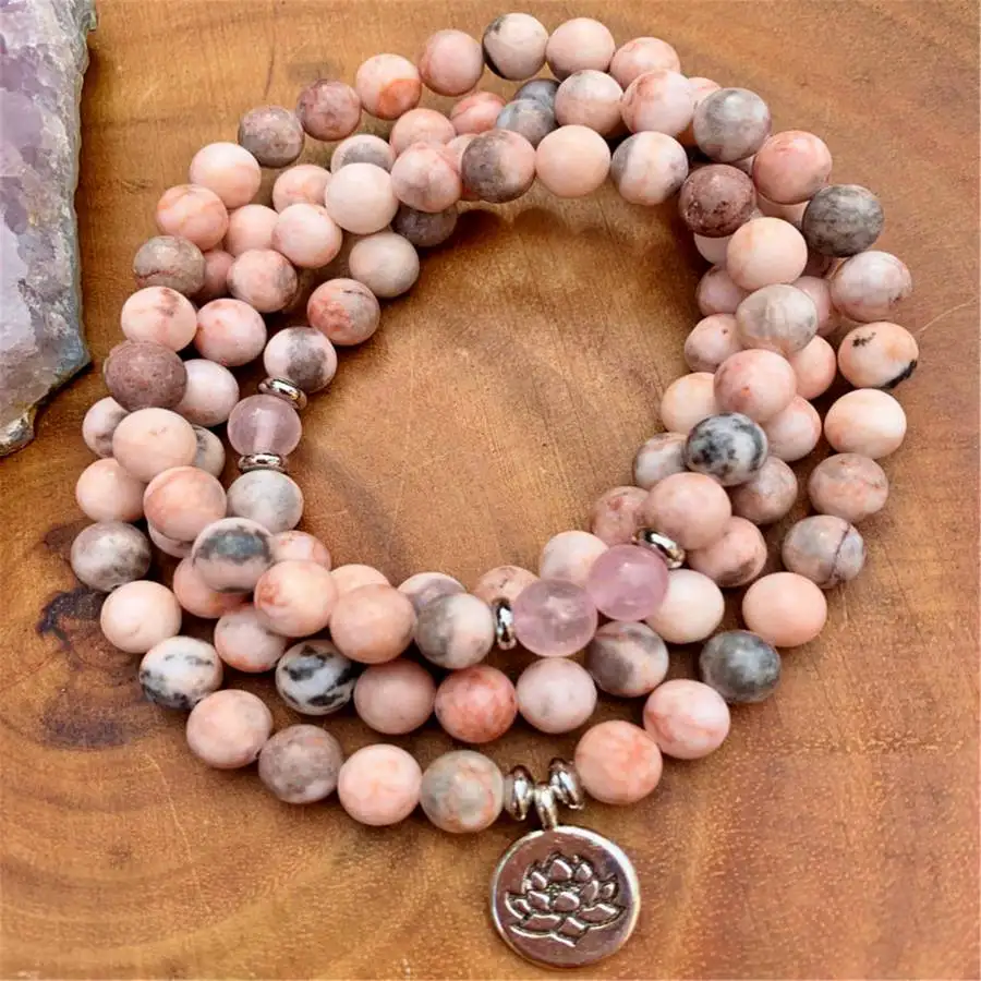 

8mm Natural Pink Zebra Jasper 108 Beads Tassel Necklace Buddha zazen Stone Buddhist Chaplet Bead Bohemian Women Chakra