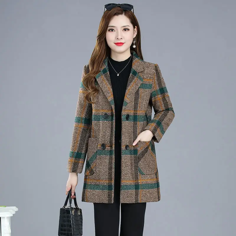 Mother\'s clothing Plaid Woolen Jacket 5xl Autumn Winter Female Thicken Slim Middle length Outwear Korea Women\'s Casual Wool Coat