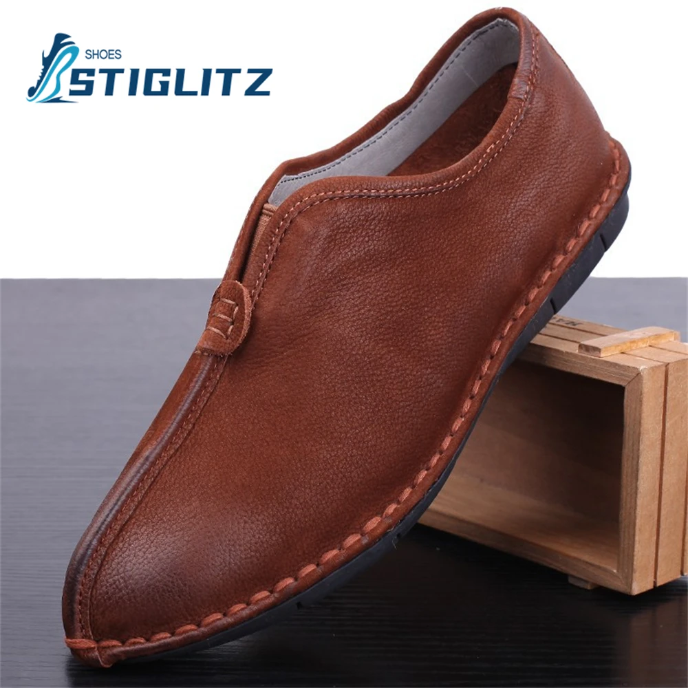 

Sewing Thread Non-Slip Soft Sole Casual Shoes for Men Flat Loafers Solid Color Simple All Match Genuine Leather Men's Mule Shoes