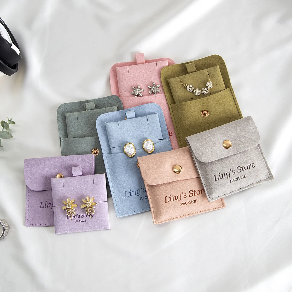 

20/50/100Sets Personalized Logo Jewelry Microfiber Snap Bag 8x8cm Button Pouch Insert Luxury 6x6cm Cards Can Debossed Print Name