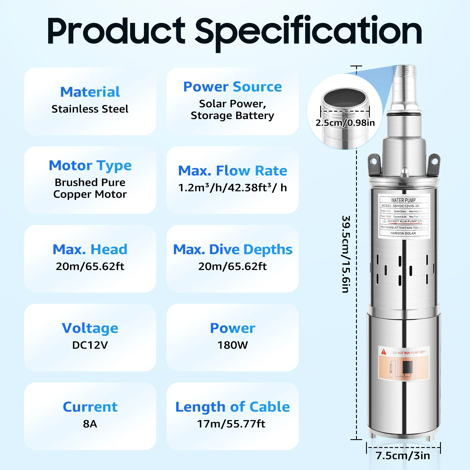 Pompe à Eau Solaire en Acier Inoxydable pour l'Irrigation Agricole, Puits Profond SubSN pour Villages Familiaux, DC 24V/12V 200W/180W