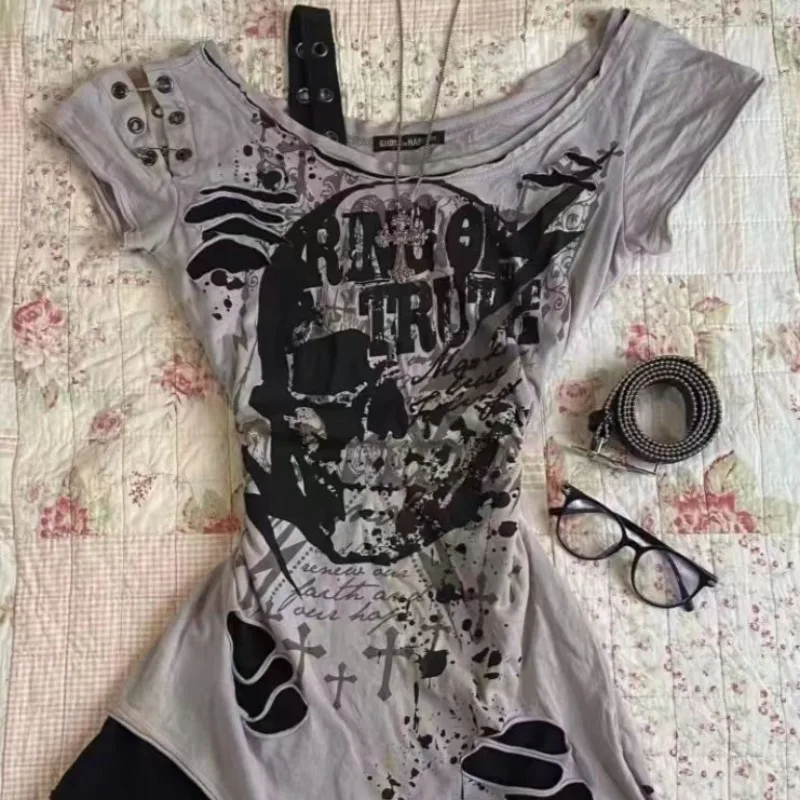 Gothic T Shirts Short sleeve Skulls Casual Punk Hip Hop Street hottie Femme Tshirt Graphic Tees Vintage Clothes 2000s Womens Top