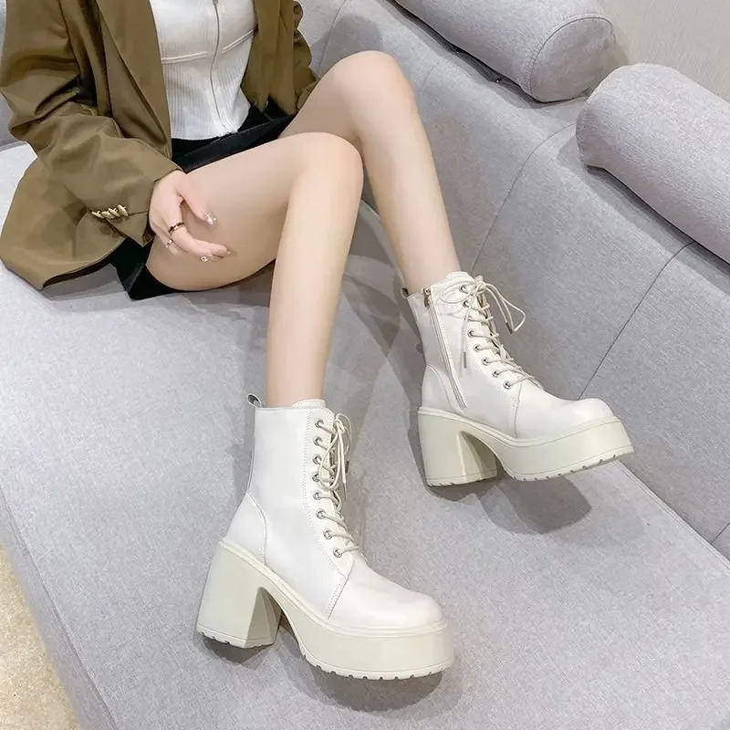 Thick Bottom Platform Shoes Fall Winter 2023 Block High Heels Leather Short Ankle Boots for Women Black Beige Motorcycle Botines