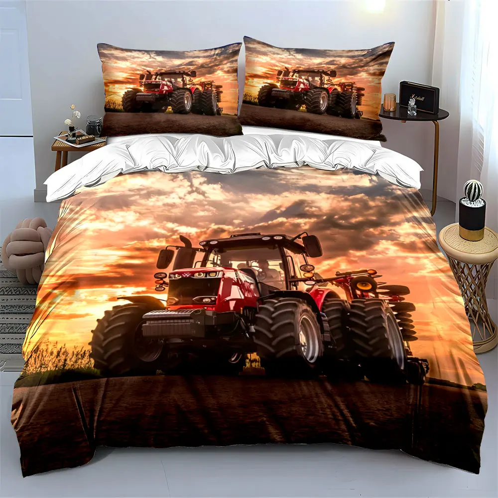Roter Traktor fährt unter dem Sonnenuntergang auf – bedrucktes, weiches, bequemes Bettwäsche-Set mit 1 Bettbezug und 2 Kissenbezügen