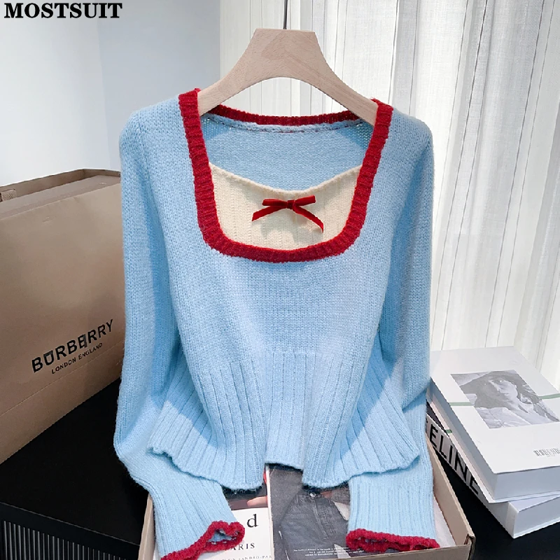

Stylish Sweet Knit Sweater Pullover Women 2026 Spring Bowtie Square Collar Full Sleeve Knitwear Tops Fashion Chic Ladies Jumpers