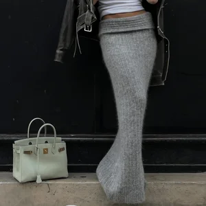 Lygens-المرأة عالية الخصر مرونة محبوك تنورة أنيقة Bodycon أحادية اللون أناقة الشارع أزياء كورية ملابس الشتاء بالجملة أفضل 12 ملابس كورية مبيعا بالجملة - رقم 12