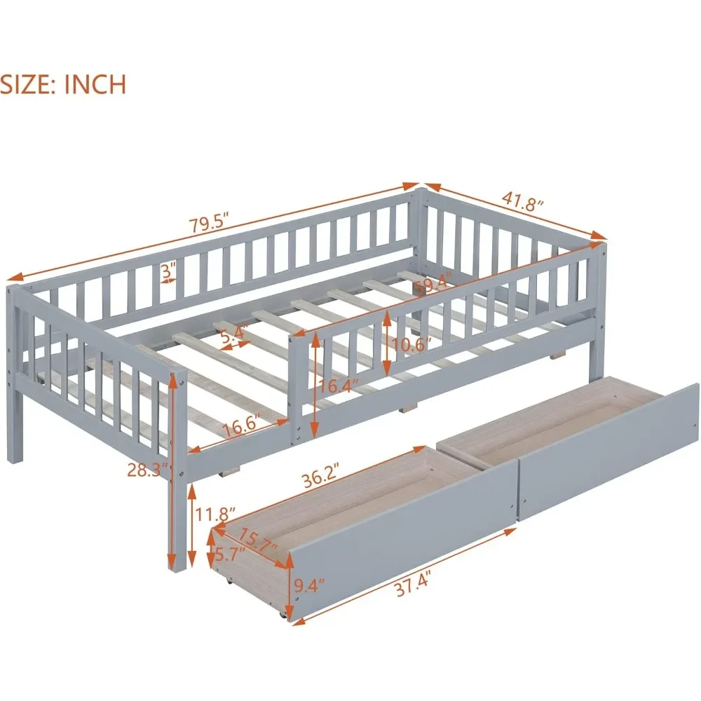 Twin Bed with Drawers, Kids Daybed with Storage, Wooden Bed Frame with Slat for Kids Children Toddlers Boys Girls