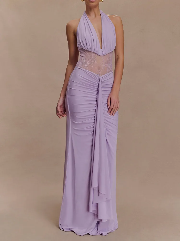 Absobe Damska Sukienka Maxi z Marszczeniami, Łączona z Przezroczystej Koronki, Głęboki Dekolt V, Wiązana na Szyi, Bez Pleców, Rozkloszowana, Wyszczuplająca, Długa Sukienka Wieczorowa Vestido