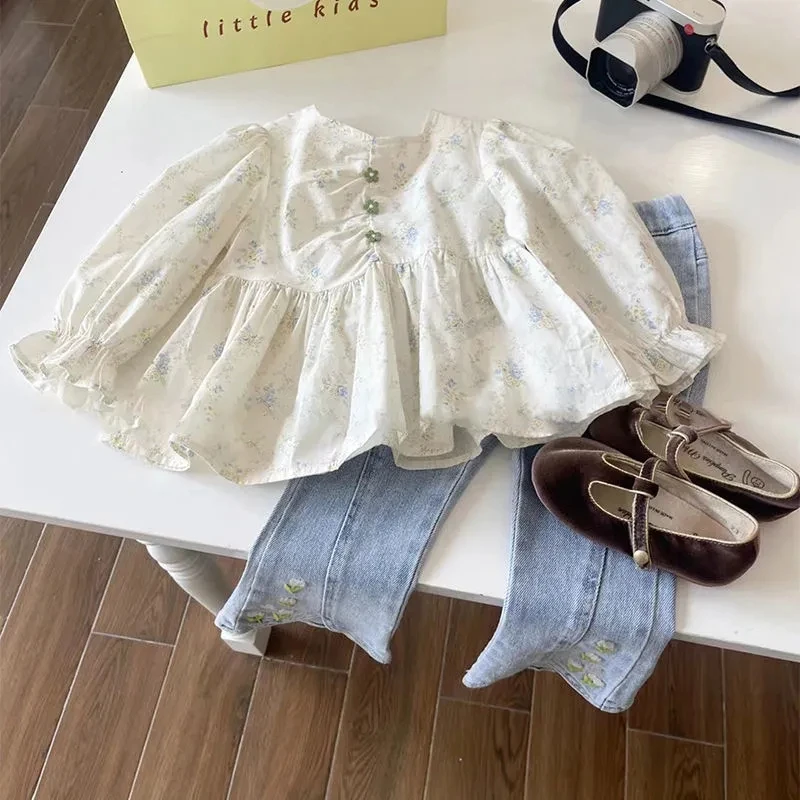 

Girls Spring Suit 2023 New Korean Baby Flower Blouse Shirt Denim Pants 2-Piece Children's Casual Clothing Set