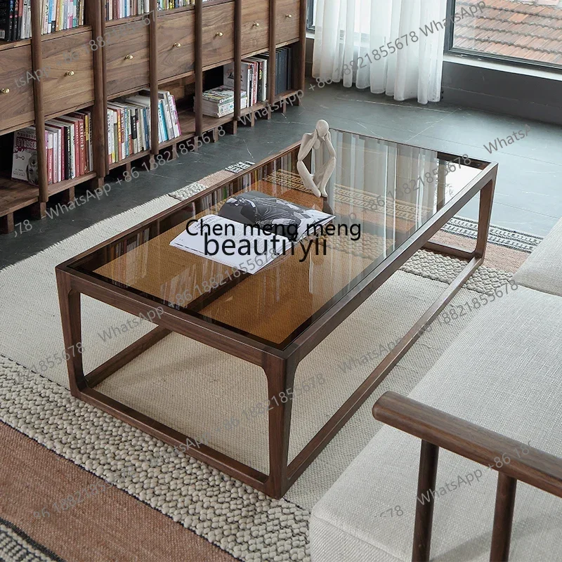 

182C North American Black Walnut Wooden Furniture Rectangular Transparent Tempered Glass Tea Table New Chinese Style Solid Wood