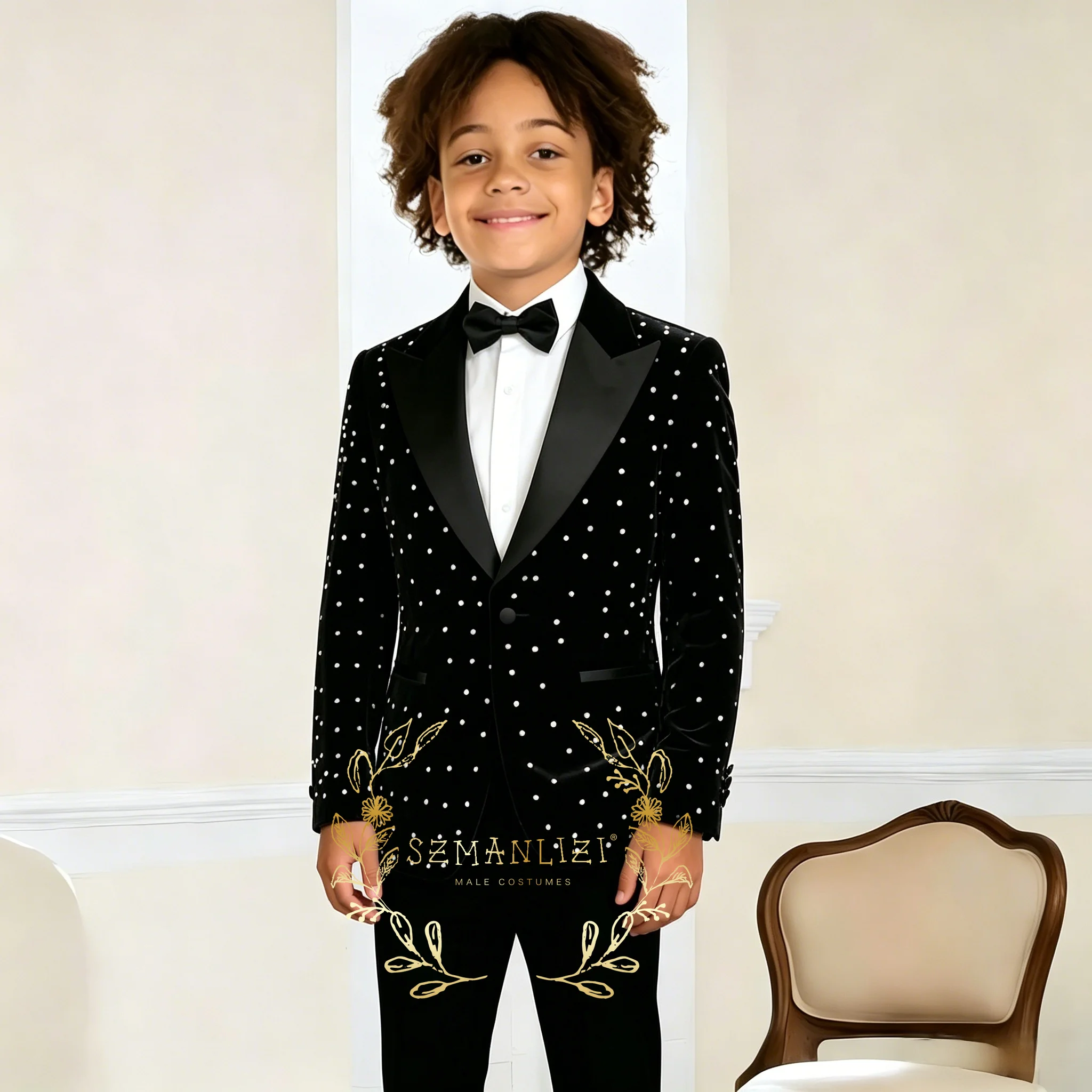 

Black Velvet Beads Flower Boys Suit 2 Pieces Wedding Tuxedos Formal Jacket Pants Kids Party Dress Blazer Sets Slim Child Outfit