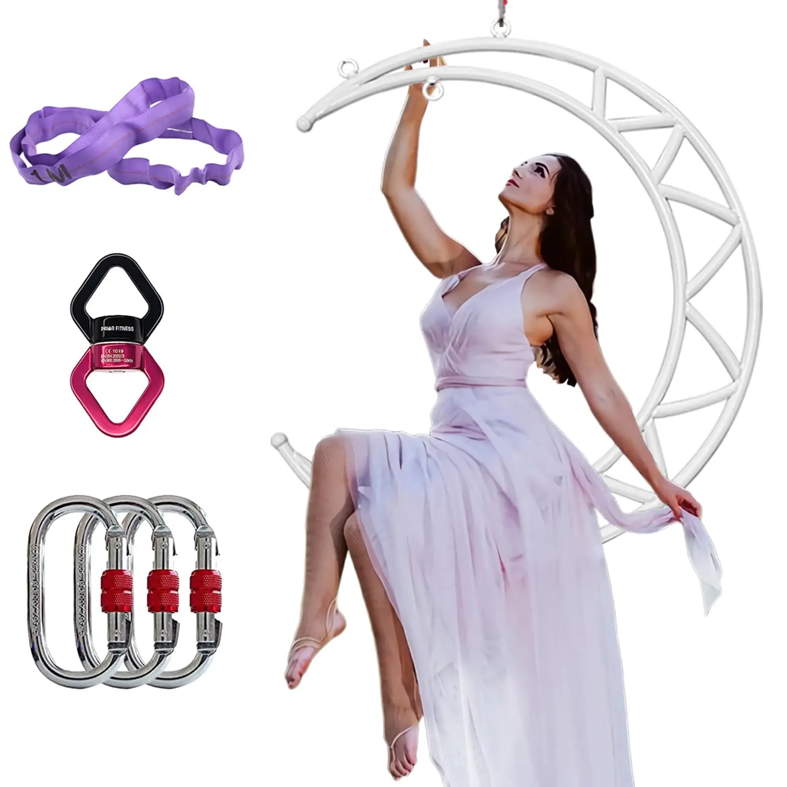 Aerial Moon Lyra Hoop Set, Classcial White Aerial Ring Equipment , Circus Acrobatic Fitness Aerial Hoop Kit, Aerial Yoga Hoop