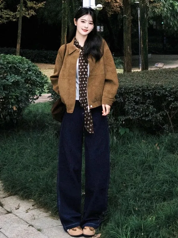 

Ретро-американская замшевая куртка в спортивном стиле, модная, индивидуальная, женская, весна 2026, для путешествий, однотонная, на молнии