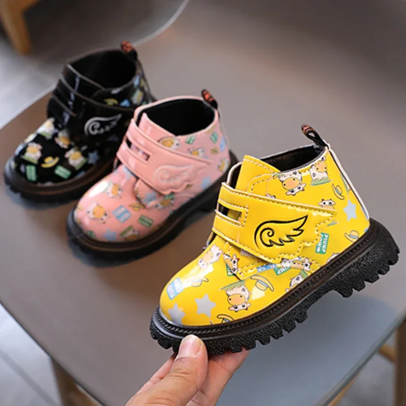 Autumn Winter Girls Shoes Fashion PU Leather Ankle Boots Waterproof Non-slip Children Sneakers Cute Toddler Short Boots Botines