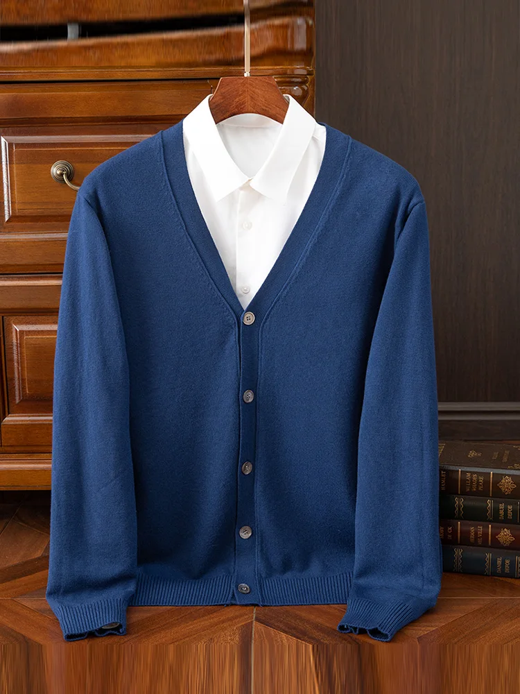 Choice Autumn Winter Men Sweater Standard Smart Casual Wool Cardigan 100% Merino Wool Knitwear Long Sleeve V-Neck Collar Tops