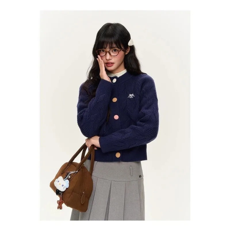 سترة صوفية قصيرة بأزرار مطرزة للخريف والشتاء، سترة محبوكة برقبة دائرية رفيعة #5