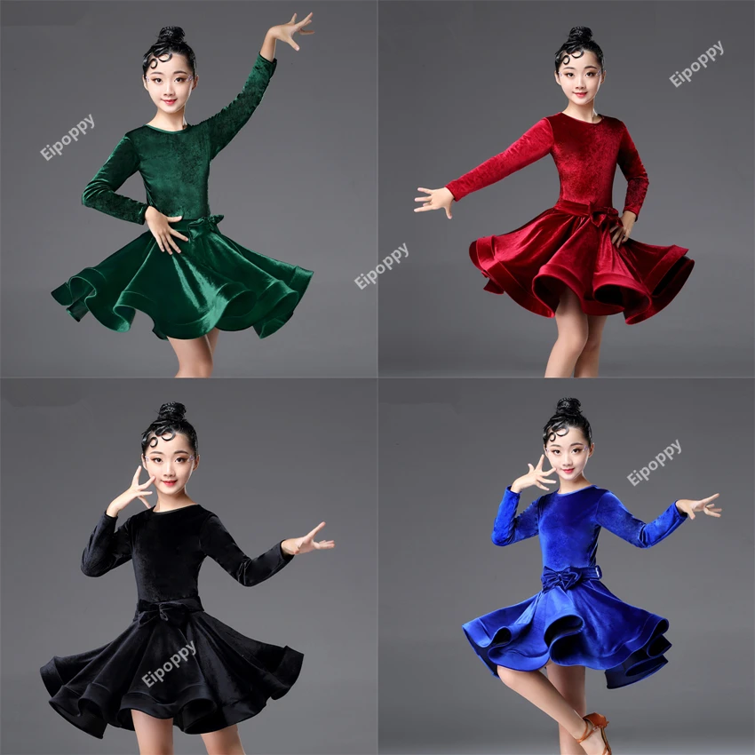 

Kids Dresses for Girls Long Sleeve Latin Dance Dress Velvet Ballroom Competition Party Stage Performance Practice Costumes