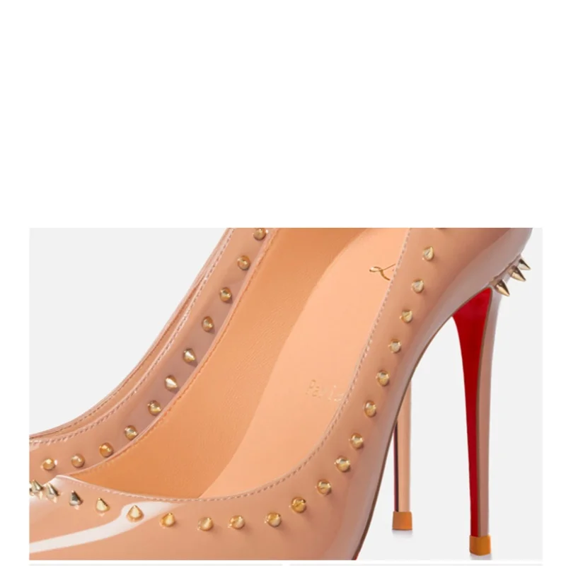 Women's Luxury Heeled Shoes Red Shiny Bottoms Pointed Toe Pumps Naked color Rivets Thin High Heels Elegant Fashion Women Shoes
