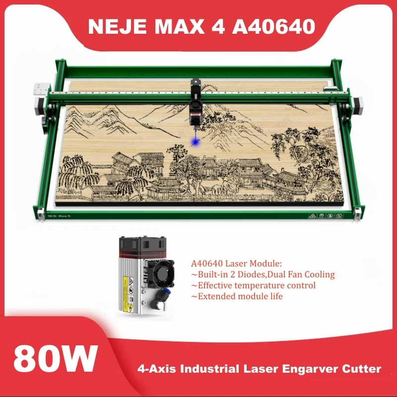 NEJE 4 MAX A40640 80W CNC Laser Engraver 4-Axis Laser Cutter Metal Engraving Printer Wood Cutting Tool, With Auto Air Assist