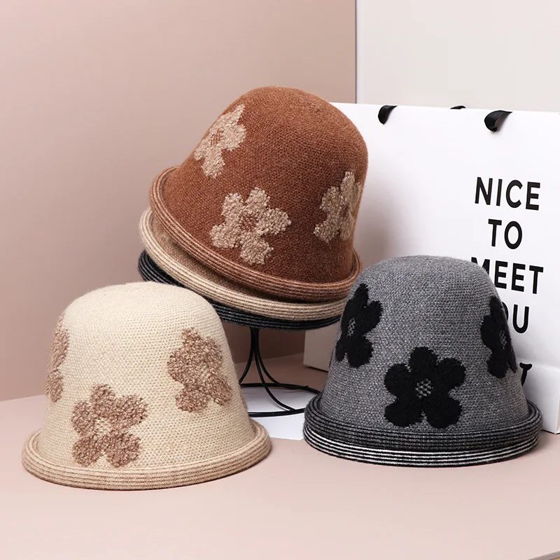 New Autumn/winter Knitted Flower Bucket Hat Warm Wool Rolled Rim Basin Hat