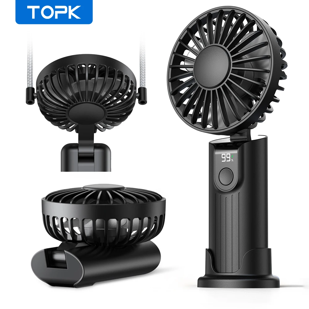 TOPK 5000mAh Ultra Quiet Mini Portable Fan USB Rechargeable Handheld 4Speeds Foldable Desk Fan with Lanyard Base for Travel Home