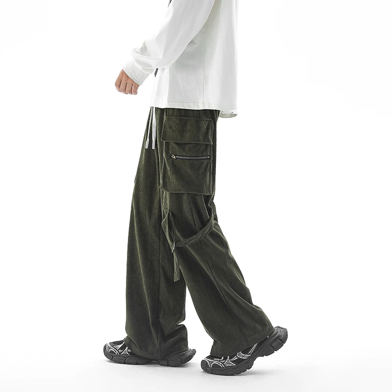 Oversized Corduroy Pants Drawstring Ribbons Decor Casual New Autumn Wide-leg Trousers Harajuku Streetwear Straight Pants Male