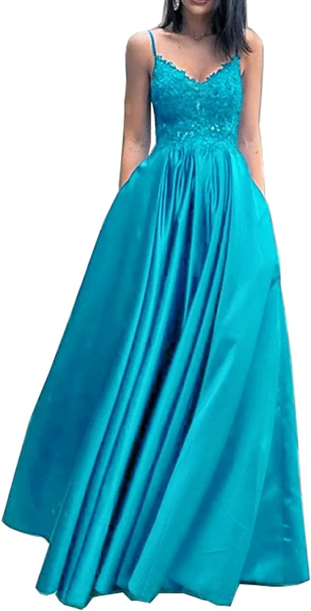 Customized High End Satin V Neck Sleeveless Prom Dress Exquisite Hollow Out Flower Appliques Dresses A Line Spaghetti Straps Eve