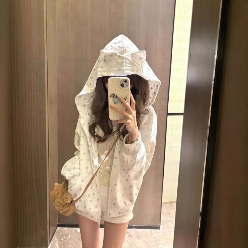 

2025 Fall/Winter New American Floral Hooded Thin Jacket Women's Spring Design Cat's Paw Print Loose Cute Top