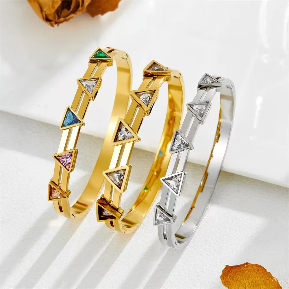 

3pcs Wholesale Trendy 316L Stainless Steel Various Colors Triangular Zircons Bangles Stackable Jewelry Bold Style For Women/Men