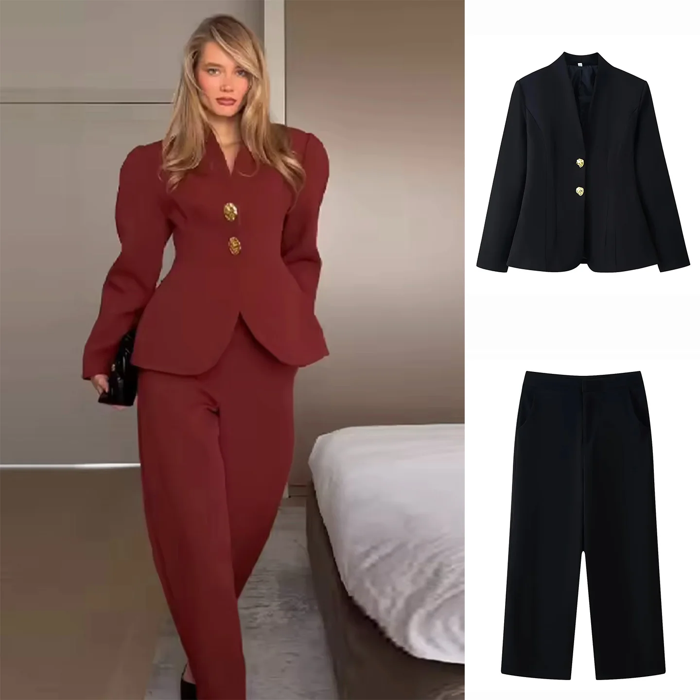 

Весенний новый женский костюм: пиджак с длинным рукавом, V-образным вырезом и металлическими пуговицами, брюки с высокой талией, повседневный деловой стиль