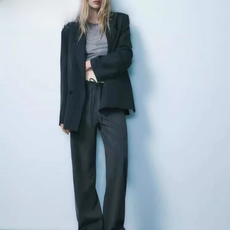 Automne 2024 Double boutonnage décontracté trajet rayé ample Long Sve irt col costume Jaet coupe droite polyvalent fabriqué chinois