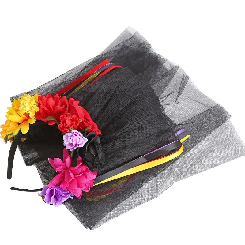 새로운 할로윈 파티 리본 헤어밴드 시뮬레이션 꽃 장미 블랙 롱 메쉬 리본 여성용