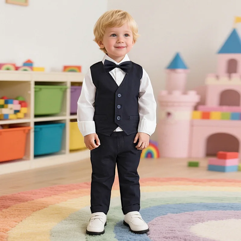

Spring Autumn Boys Formal Dress Suit 3 Piece Gentleman Vest Shirts Pants Set Kids Wedding Party Outfit Baby Birthday Photograph