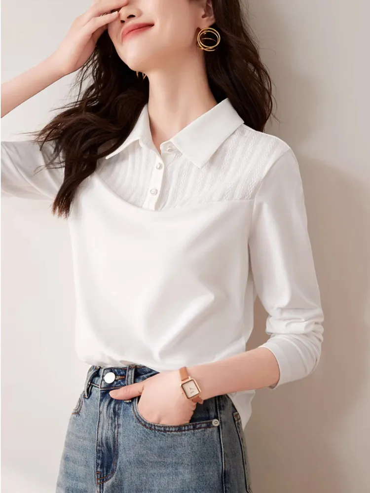 

Белая хлопковая футболка с длинным рукавом и отложным воротником, из чистого хлопка, с текстурой пэчворк, женская, свободного кроя, весенняя мода