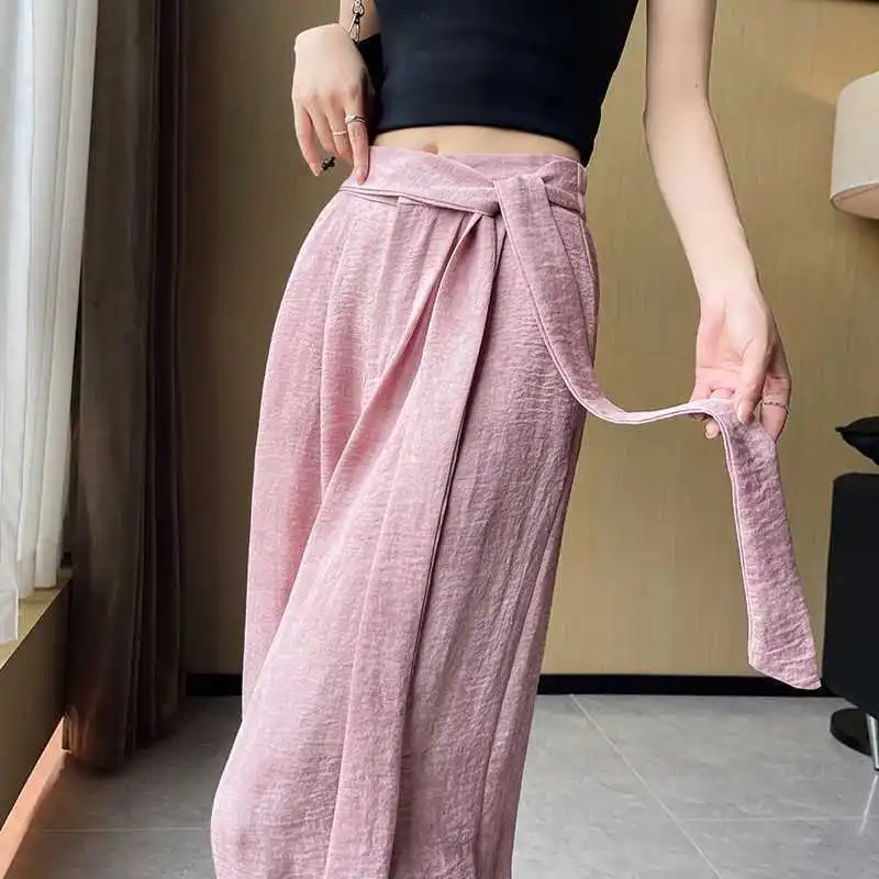 Women\'s Clothing Summer Trendy Lace Up High Waist Casual Streetwear Wide Leg Pants Female Vintage Linen Loose Straight Trousers