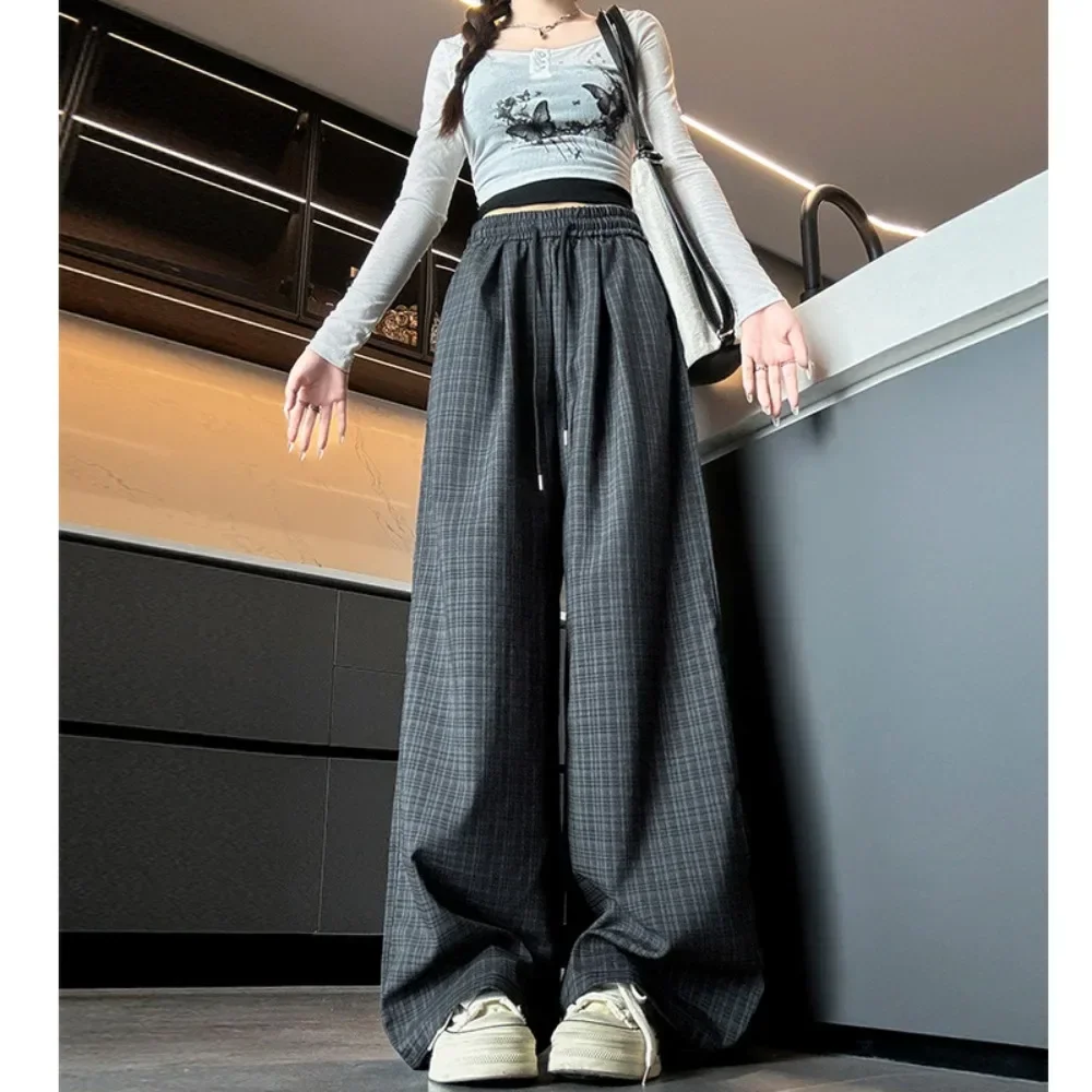 Retro Checkered Yamamoto Pants for Women's Summer Collection Lazy High Waisted Casual Pants Straight Leg Slim and Wide Leg Pants