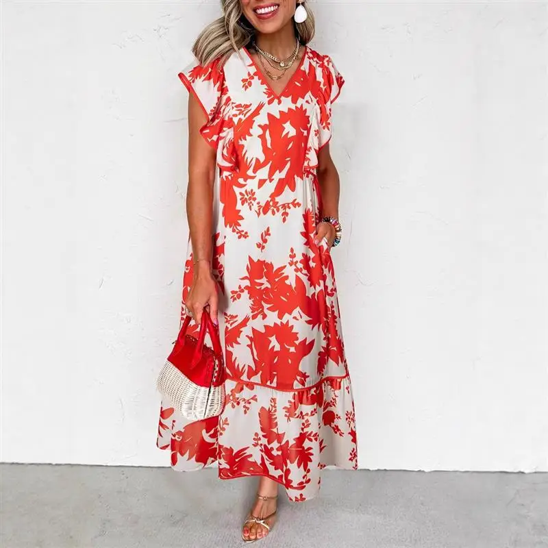 Sommer Neue V-ne Svel Floral Print Lange Dr frauen Hohe Taille Polyester n Sle Dr Abdeckung oulder Sve