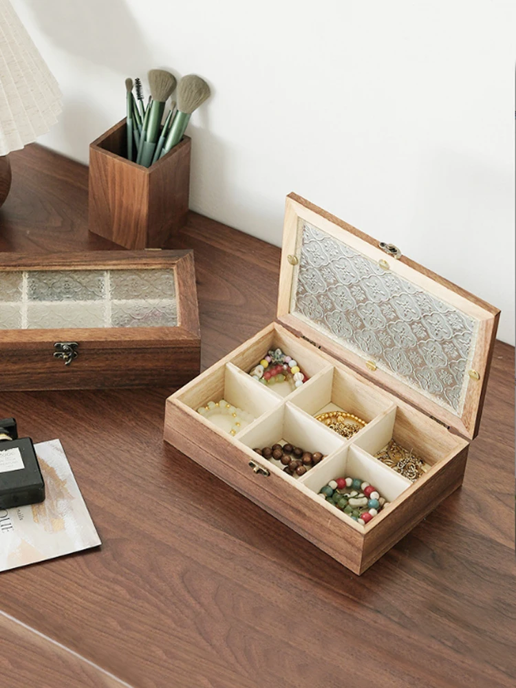 

Retro Sle Wooden Jewelry Box Dustproof Glass Flip Cover Divided Storage Organizer for Desktop Vintage Wooden Case