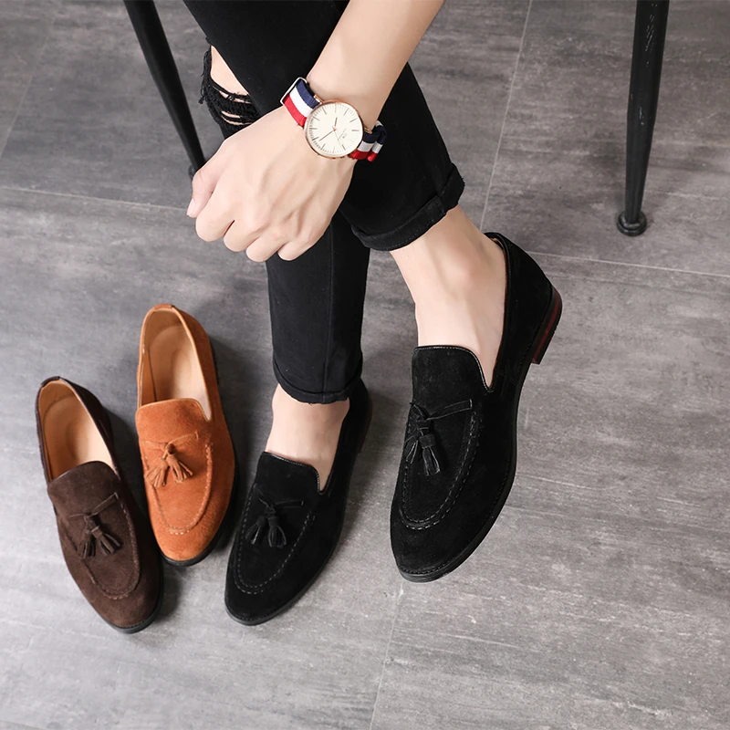 

New Black Loafers for Men Slip-On Round Toe Flock Tassels Solid Brown Men Dress Shoes Size 38-48