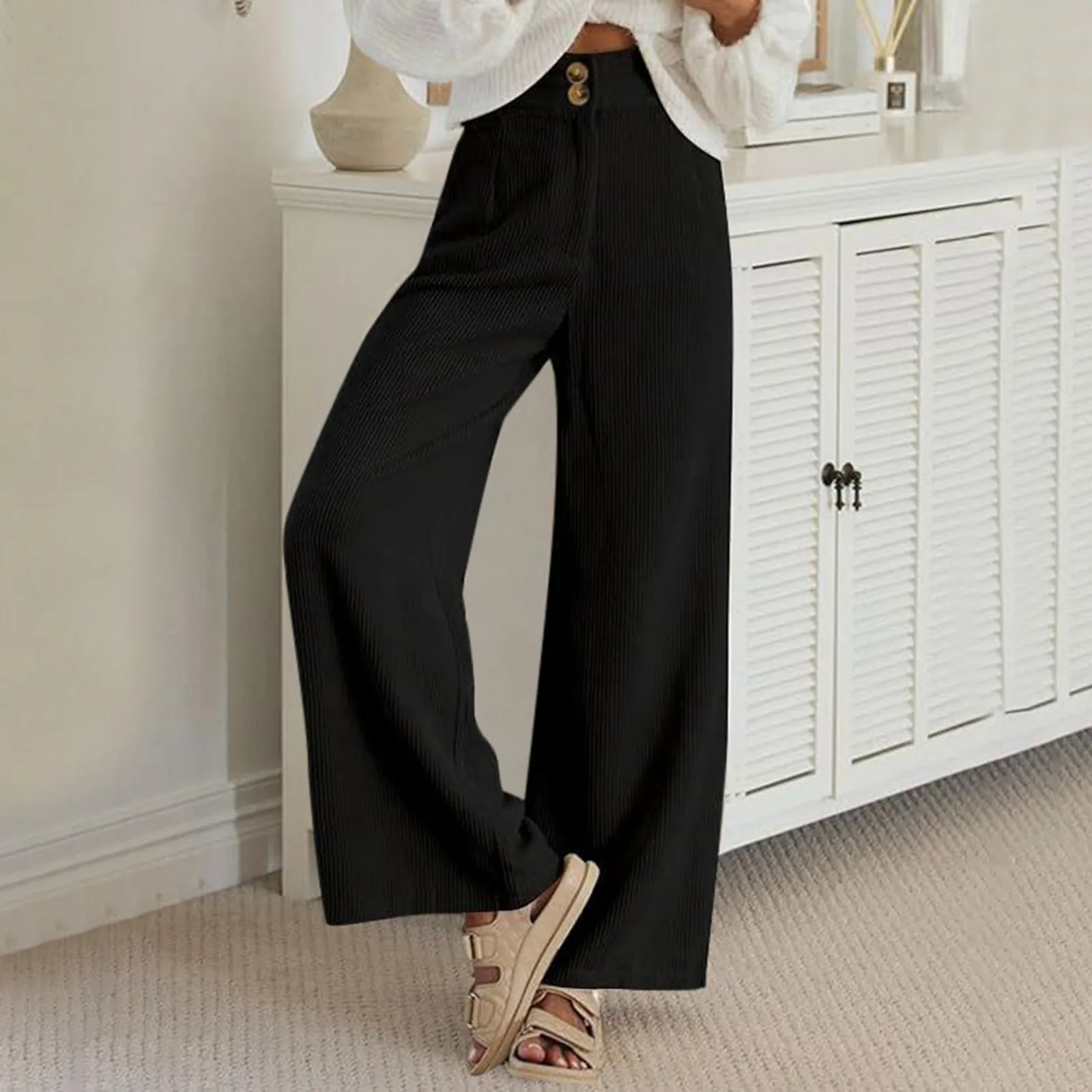 Women Spring Autumn Corduroy Palazzo Pants Solid Color Double Button Semi Elastic Waist Straight Dress Pants Oversized Pantalone