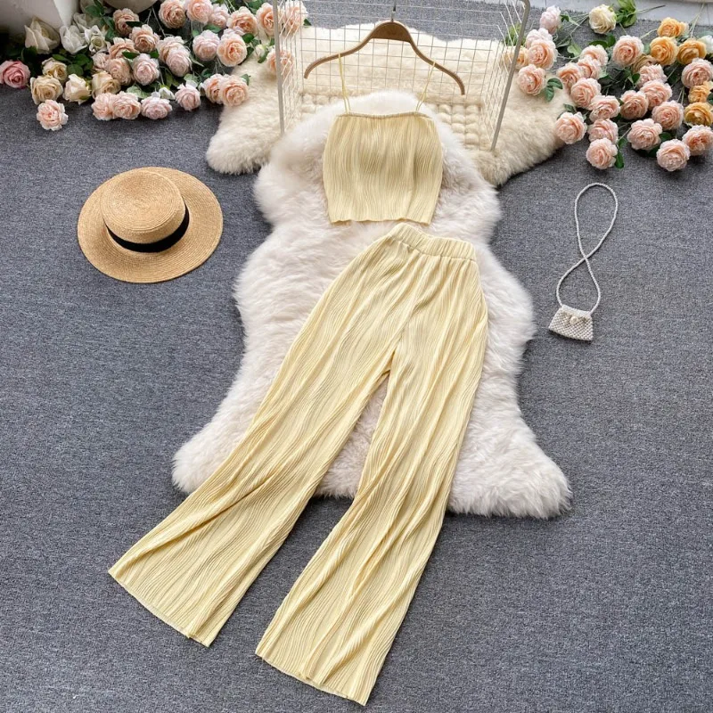 Women Short Suit Two-piece Suit Wide-legged Pants Suspenders Bustier Wave High Waist Pit-striped Funky Patchwork Streetwear