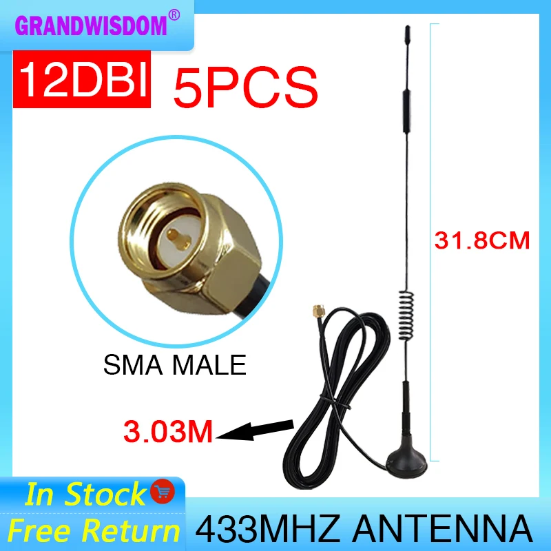 5PCS 12dbi 433 Mhz Antenna lora 433 MHz antena SMA Male Magnetic base Ham Radio Signal Booster Wireless repeater with 3M Cable