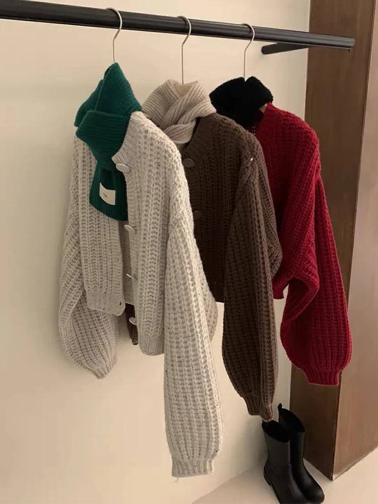 2026 Herbst Winter Gestrickter Kurzer Cardigan für Damen, Warmer Einreihiger Vielseitiger Pullover, Einfarbiger Locker Sitzender Langarm-Mantel