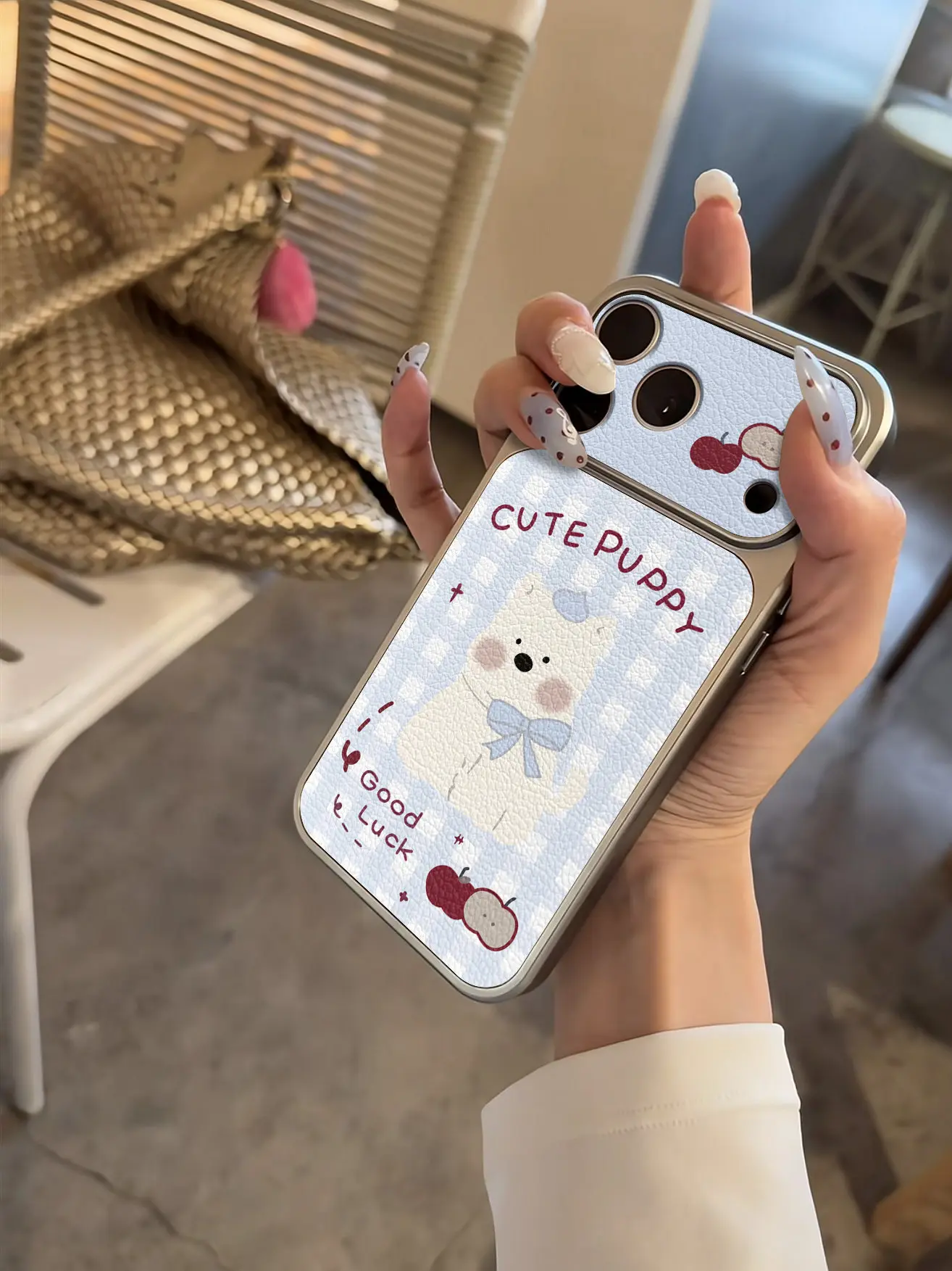 Koreanische Niedliche Welpen-Karo-Imitat 17 Handyhülle für iPhone 13 14 15 16 17 Pro Max 17Pro, Galvanisierter Stoßfänger, Stoßfeste Lederhülle – Detail 17