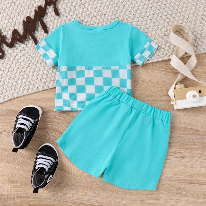 

Baby Boy Summer Clothes Checkerboard Print Short Sleeve Round Neck T-Shirt with Shorts 2Pcs Outfit