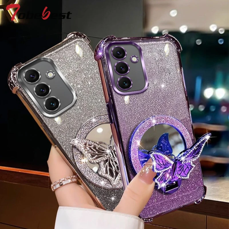Butterfly Mirror Crystal Bracelet Case for Samsung Galaxy A17 A07 A16 A26 A36 A56 A15 A25 A35 A55 A14 A24 A34 A54 4G 5G Cover - náhled 3