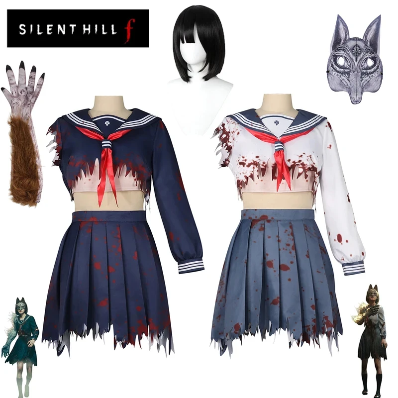 ABC1232025 SILENT HILL F Disfraz de cosplay, peluca, uniforme de marinero, máscara de zorro de Shimizu Hinako para mujer, Halloween, 3'f.5;j.8