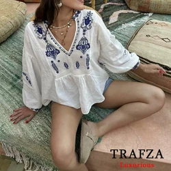 TRAFZA Vintage Embroidery Loose Cotton Shirts Women V Neck Long Sleeve Blouses Fashion 2024 Summer Elegant Boho Female Tops