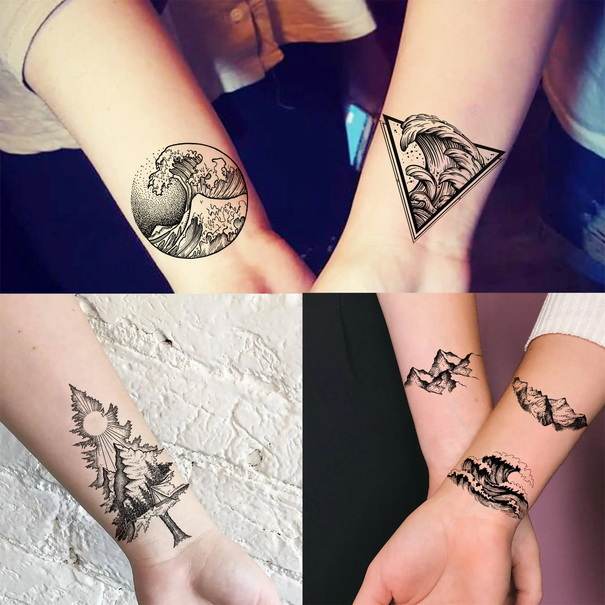 18 Sheets Geometry Mountain Temporary Tattoos For Men Women Adults Fake Waves Tattoo Sticker Black 3D Pine Tree Tatoos Triangle