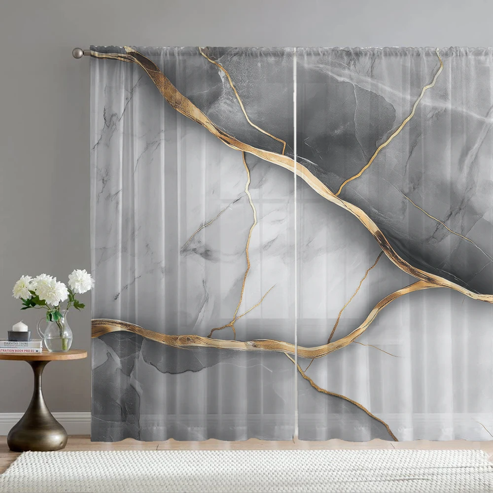 2PCS Home decoration gray marble printed window screens with pole bags, suitable for living rooms